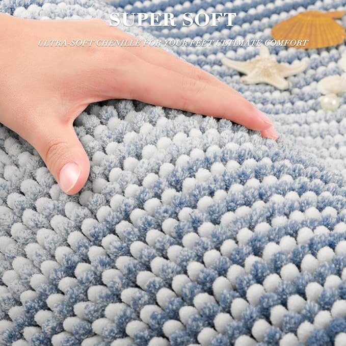 BSICPRO Bathroom Rugs Sets 3 Piece, Toilet Rugs U-Shaped Contour Bath Mat Set, Striped Absorbent Non Slip Chenille Shower Mat, Fog Blue