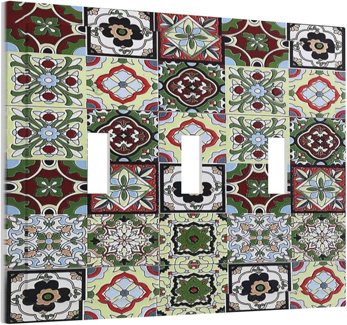 Decorative Switch Plates Talavera Tile Decal 3 Gang Wall Plate Triple Toggle Light Switch Cover Faceplate Electrical Wall Panels for Bedroom Bathroom Decor
