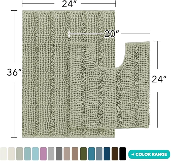 Turquoize Bathroom Rugs Set Non-Slip Bath Mats for Bathroom Super Absorbent Shaggy Rugs for Tub Shower Toilet Soft Plush Bath Rug Plus U Contour Rug (Oversized: 24" x 36" and 20" x 24" U), Eucalyptus