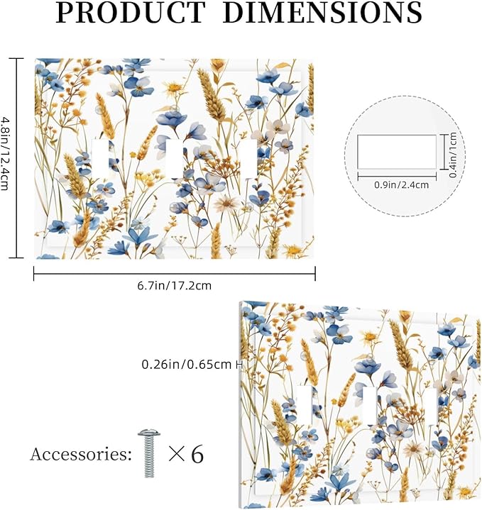Vintage Wildflower Blue Gold Country Fall Wheat Floral Decorative Switch Plates 3 Gang Wall Plate Triple Toggle Light Switch Cover Faceplate Electrical Wall Panels for Bedroom Living Room Decor