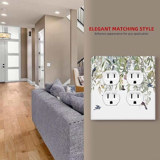 Green Leaf Eucalyptus Leaves Floral Bird Butterfly Outlet Covers 2 Gang Double Duplex Decorative Light Switch Covers Electrical Wallplates Socket Faceplate for Bed Room Living Room Decor