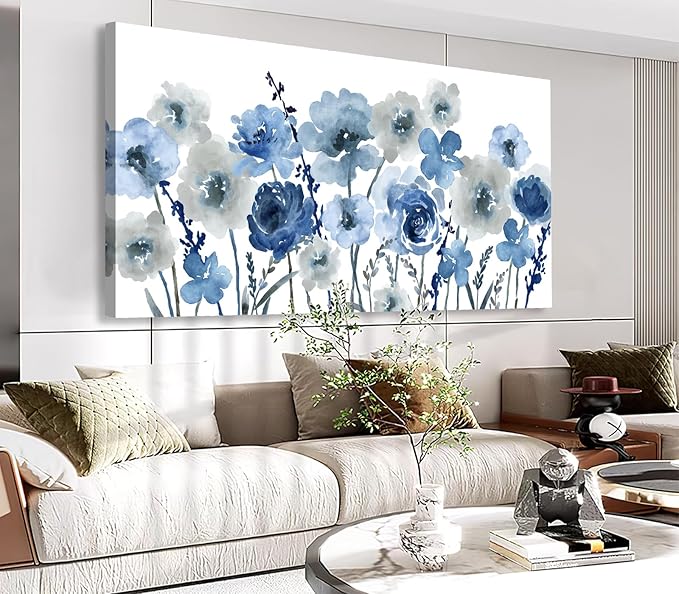 VEAEE Flowers Canvas Wall Art - Indigo Floral Canvas Pictures Living Room Wall Decor Botanical Canvas Prints Painting Abstract Artwork Bedroom Office Home Decor 29"x 58"