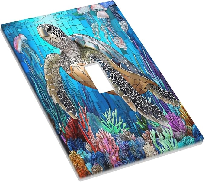 Decorative Light Switch Cover Nautical Sea Turtle Coral Jellyfish 1 Gang Single Toggle Device Electrical Faceplate Switchplates Decorator Outlet Wall Plate For Kids Room Nursery Decor