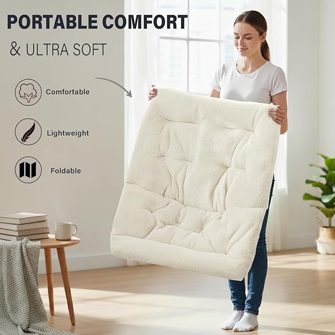 Tiita Folded Chair with Straight Ottoman, Soft Faux Fur Oversized Folding Accent Chair,Lounge Lazy Chair, Metal Frame Moon Chair for Bedroom, Living Room, Dorm Rooms, Garden and Courtyard, Beige