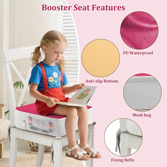 Booster Seat for Kitchen Chair - 4-Point Anchor 3.8" Lift Toddler Booster Seat for Dining Table with Side Pockets, Non-Slip & Portable Dining Cushion for Kids (Pink)
