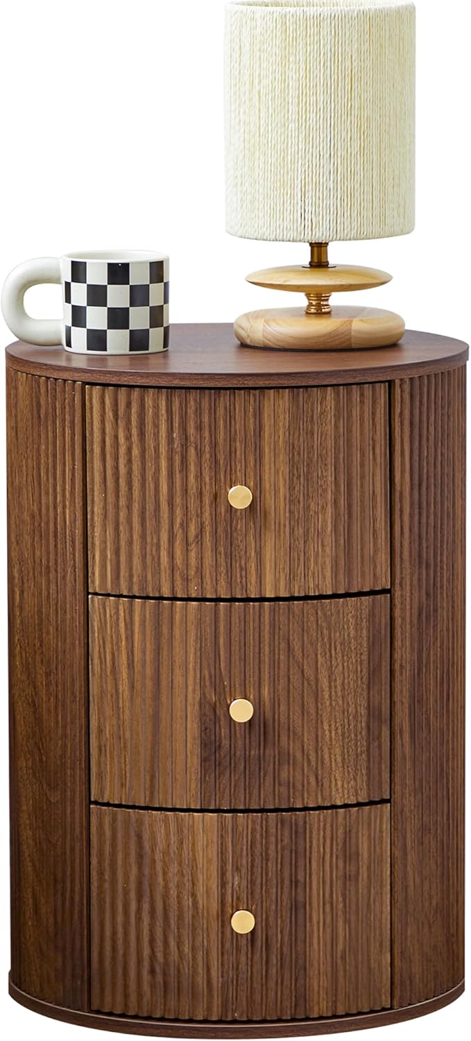End Table with Charging Station for Couch,Mid-Century Modern Narrow Sofa Side Table with Drawer for Living Room,Small Bed Side Table for Bedroom (Walnut-Round, 1 PC)