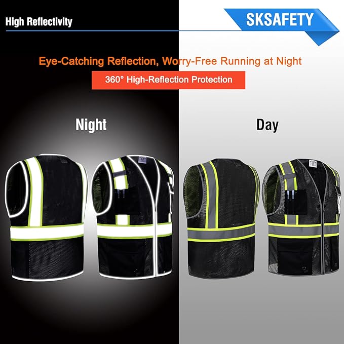 SKSAFETY 10 Pockets Safety Vest, Class 2 High Visibility Security with Zipper Double-sided mesh, Hi Vis Vest with Reflective Strips, ANSI/ISEA Standard, Construction Work Vest （Black, 2XL）