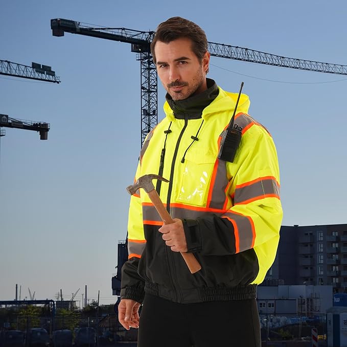 Hi Vis Safety jacket for men,Reflective high Visibility Hooded jacket,Work Bomber Jacket with Pockets and Zipper,Waterproof,ANSI Class 3 Black Bottom Yellow,2XL