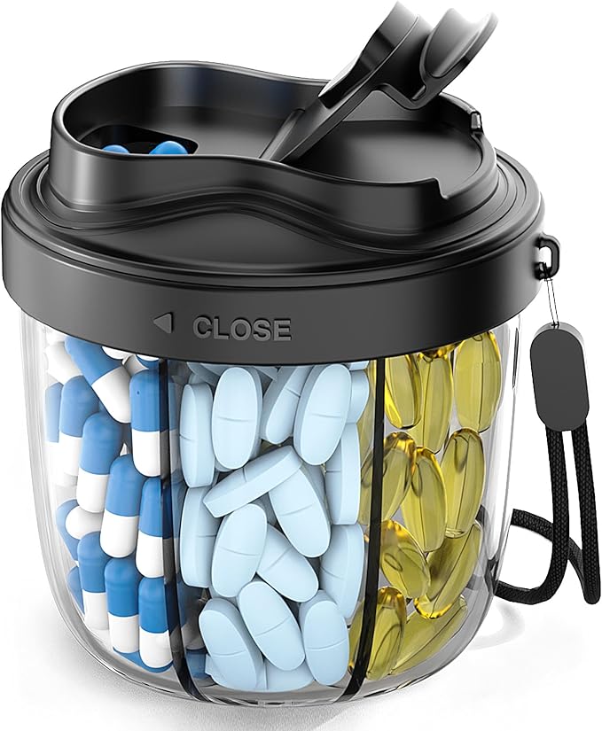 Cute Pill Organizer,Pill Dispenser with 7 Large Compartments,Portable Pill Bottle Box with Wide Opening for Easy Use, Anti-Mix Pills Organizer for Travel,Includes 20 Pcs Sticky Labels(Black)