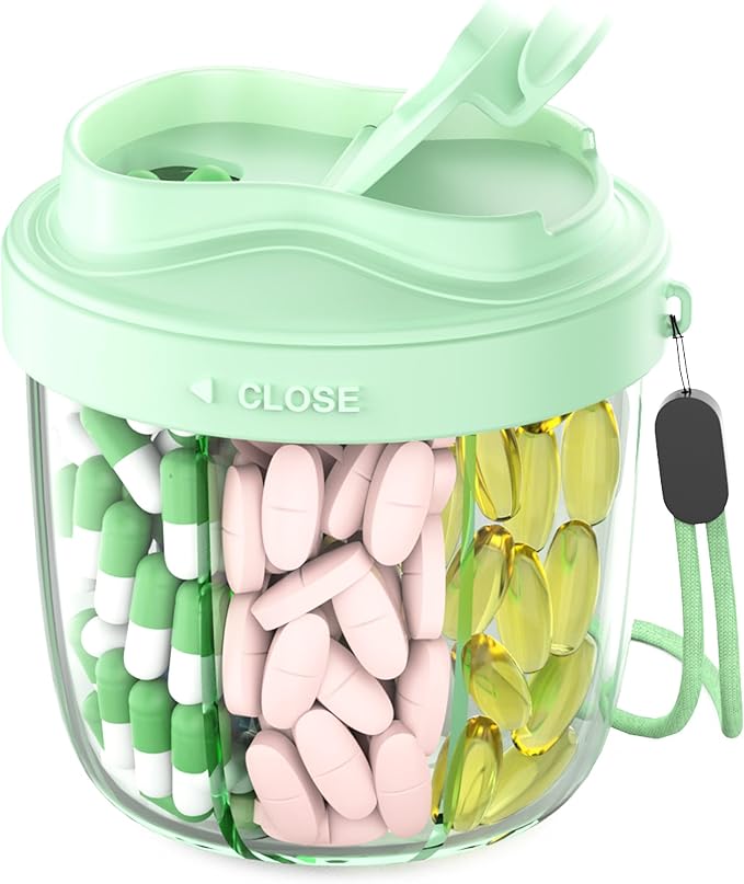 Cute Pill Organizer,Pill Dispenser with 7 Large Compartments,Portable Pill Bottle Box with Wide Opening for Easy Use, Anti-Mix Pills Organizer for Travel,Includes 20 Pcs Sticky Labels（Green）