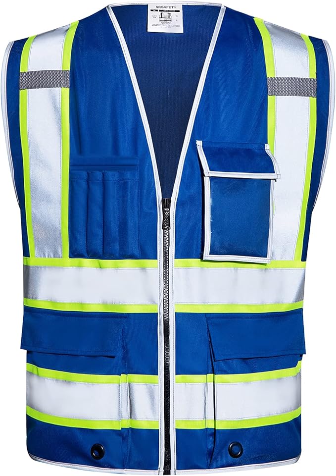 SKSAFETY 10 Pockets Safety Vest, Class 2 High Visibility Security with Zipper, Hi Vis Vest with Reflective Strips, ANSI/ISEA Standard, Construction Work Vest for Men ＆ Women （Blue, M）