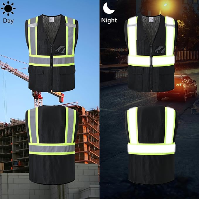 Reflective Safety Vest for Men Women Hi Vis Vest with Pockets High Visibility Vest Mesh Construction Vests Meets ANSI/ISEA Standards (Black-33, Large)