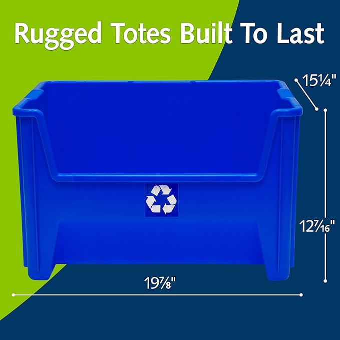 Commercial Industrial Heavy Duty Stackable Open-Front Recycling Bin Box Containers, 12.5 Gallon (Pack of 3), Blue