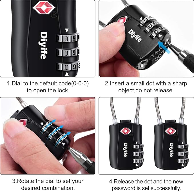 Diyife TSA Approved Locks 4 Pack, Keyless Cable Suitcase Locks, Zinc Alloy, 3 Digit Combination Locks for Travel, Bags, Backpack, Baggage, Black, Blue, Red, Orange
