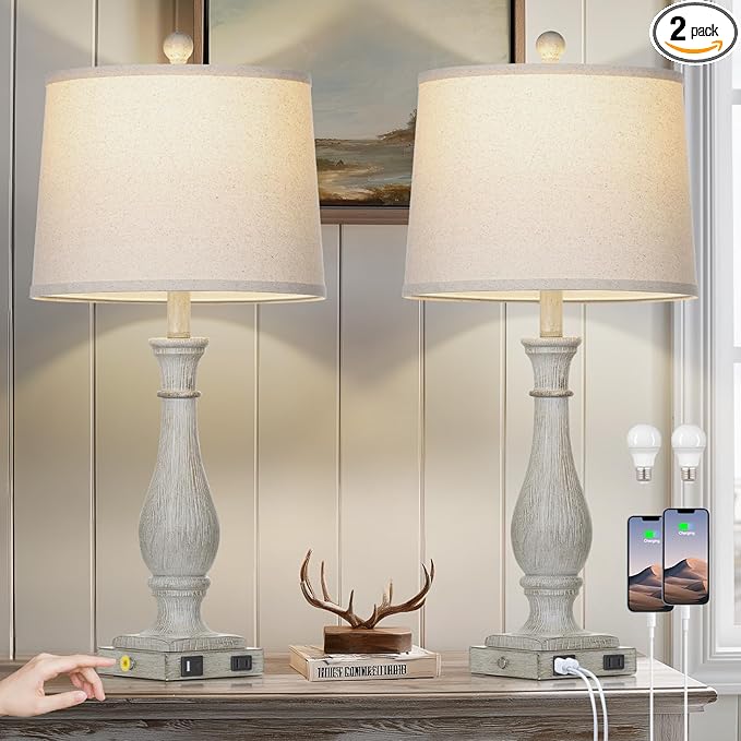 27.5" Grey Farmhouse Lamps Set of 2, Vintage Living Room Table Lamps with USB C+A Ports & AC Outlet, 3-Way Touch Control Bedside Lamp, Rustic Resin Bedroom Lamp for Nightstand Side Table Desk