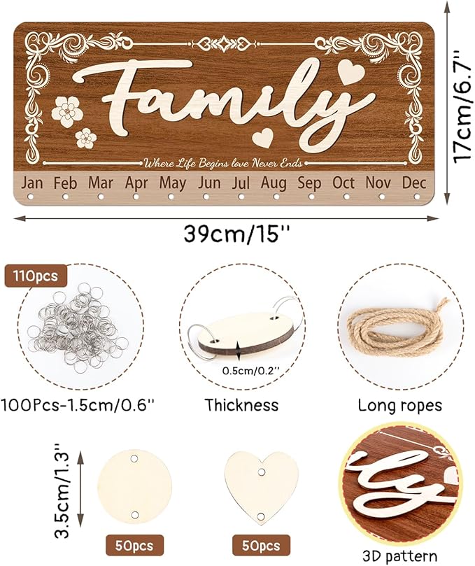 KAlRNE 3D Family Birthday Reminder Board,DIY Birthday Plaques,Rustic Hanging Wooden Calendar,Anniversary Reminder with 100 Wood Tags,Best Christmas for Family Grandmother