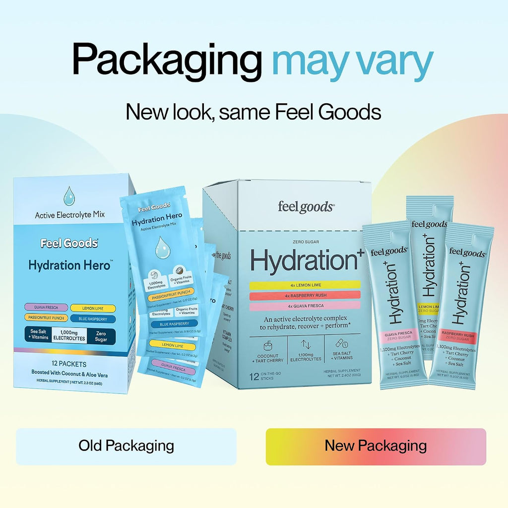 Feel Goods Hydration Hero, Variety Pack, 1,000mg Electrolytes Powder, Sugar Free, Magnesium, Organic Aloe Vera, L Theanine, Vitamin C, Vegan, Non GMO, On The Go Electrolyte Packets, 12 Count