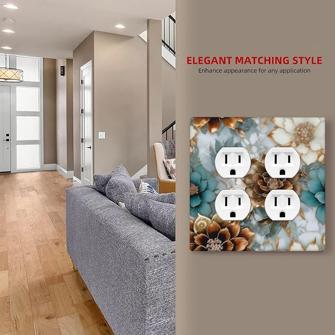 Vintage Marble Floral Gold/Green/White Metal Flowers Outlet Covers 2-Gang Duplex Light Switch Covers Decorative Gfci Wall Plate Covers Electrical Receptacle Switchplate Plug Faceplate Bathroom