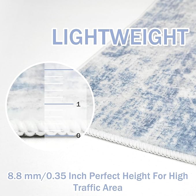 IOHOUZE Abstract Runner Rug 3x10 Ft Washable Runners for Hallways, Non Slip Kitchen Runner Printed Faux Wool Entryway Runner Indoor, Modern Abstract Floor Carpet for Hall Bedroom, Light Blue White