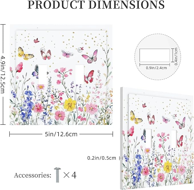 Decorative Switch Plates Watercolor Floral Butterfly Colorful Wildflower 2 Gang Double Toggle Outlet Light Switch Cover Wall Plate Electrical Faceplate For Bed Room Living Room Decor