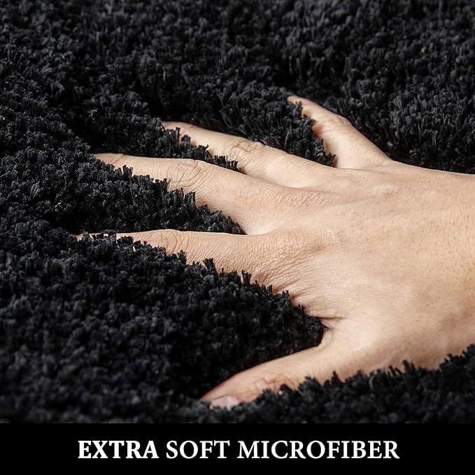 MIULEE Extra Thick Non Slip Bathroom Rug Shaggy Soft Bath Mat Plush Microfiber Absorbent Water for Shower Tub Machine Washable (Black, 16x48 Inches)