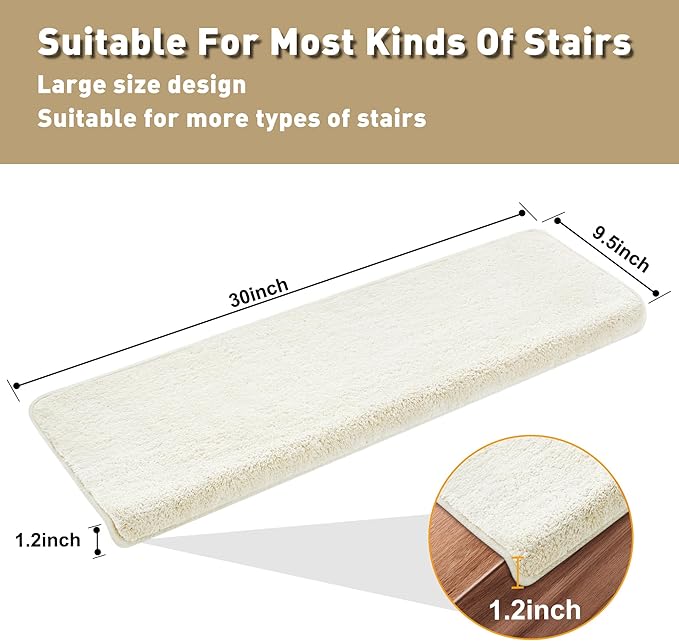 PURE ERA Carpet Stair Treads Ultra Plush 9.5" X 30"Soft Bullnose Indoor Stair Protectors Pet-Friendly Non-Slip Skid Resistant Tape Free Washable Reusable(14 Pieces,White)