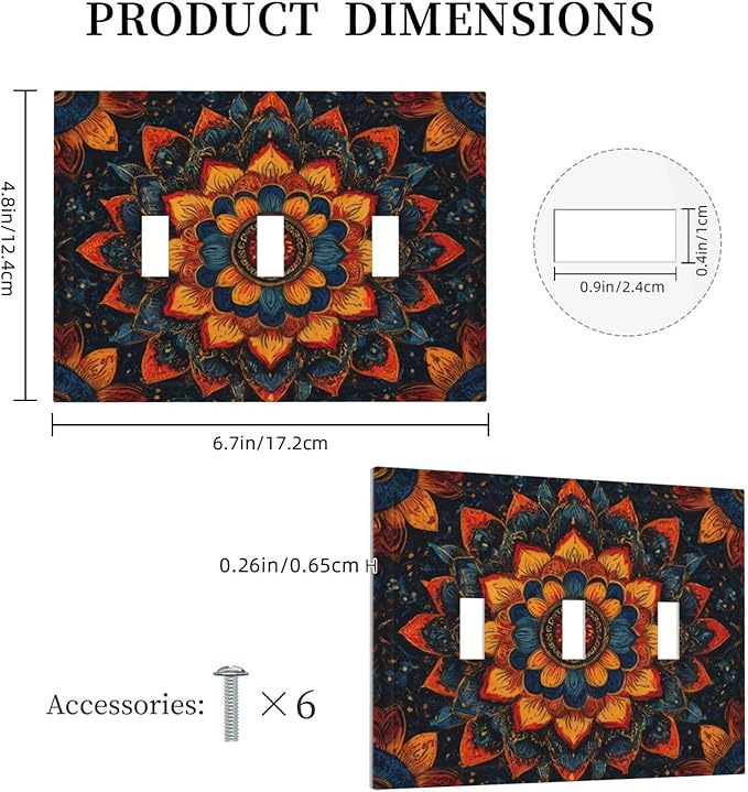 Colorful Oriental Floral Blooming Mandala Flower Triple Toggle Light Switch Covers Decorative 3 Gang Wall Plate Covers 3 Hole Electrical Device Switchplate Dimmer Faceplate for Bathroom Decor