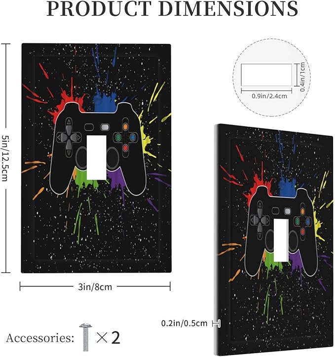 Classic Videogames Controller Black Splash Ink Colorful Decorative Light Switch Cover 1 Gang Single Toggle Device Electrical Faceplate Switchplates Decorator Outlet Wall Plate for Kids Room Nursery