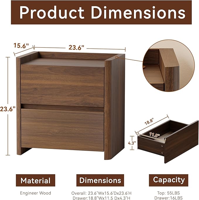 Nightstand with 2 Storage Drawer, Modern End Table for Bedroom with Cut-Out Handle, Large Night Stands for Bedroom, Home Office, Set of 2, Walnut