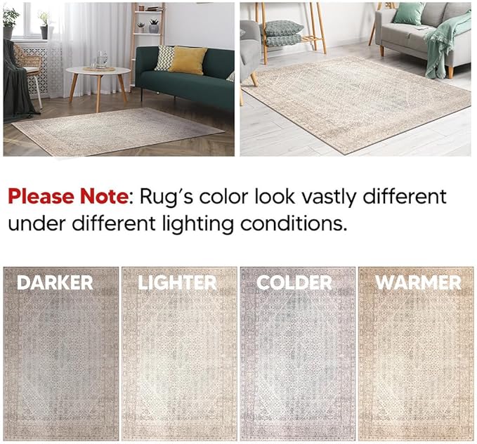 Keen Home Design 8x10 Rug - Machine Washable Area Rug with Non-Slip Backing, Ideal for Living Room, Dining Room, Bedroom - Vintage, Easy Clean, Durable, Low Pile Rug - (8' x 10')