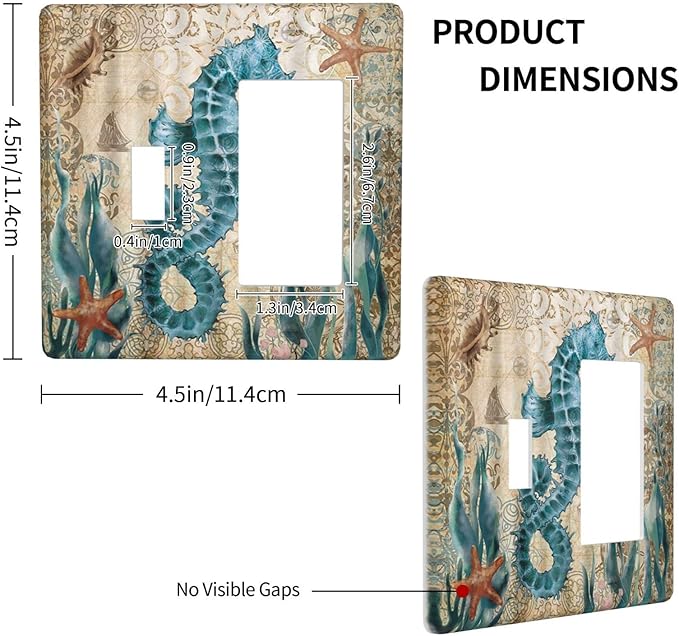 Vintage Blue Seahorse Seaweed Starfish Ocean Nautical Theme 2 Gang Light Switch Cover Decorative Combination Toggle Rocker/Decora Wall Plate Electrical Switchplate Faceplate for Farm Bathroom