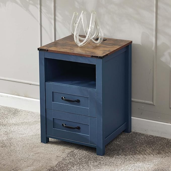 Blue Night Stand, Rustic End Table with Charging Station, Farmhouse Tall Nightstand for Bedroom, Drawer Dresser Bedside Table with Open Storage Shelf