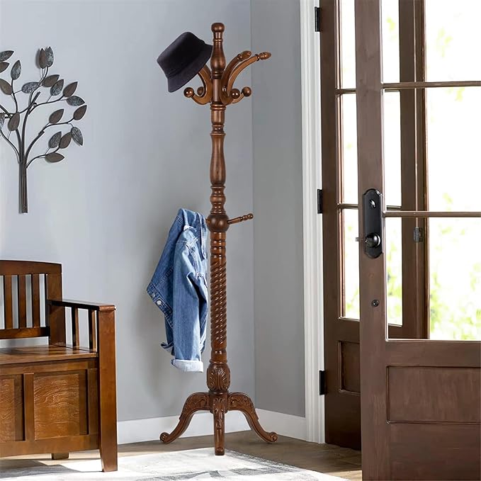 Bekrvio Coat Rack Freestanding Tree Stand with 8 Hooks, 79'' Heavy Duty Premium Ash Wood Hanger Stand, Floor Standing Clothes Hat for Entryway, Corner,Hallway,Bedroom, Office,Brown-Style 2