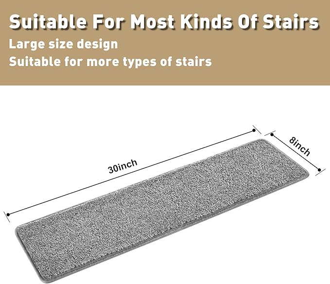 PURE ERA Carpet Stair Treads Tape Free Non Slip Indoor Stair Carpet Stair Protectors Pet-Friendly Non-Slip Skid Resistant Washable Reusable 8" x 30"(14 Pieces,Gray)