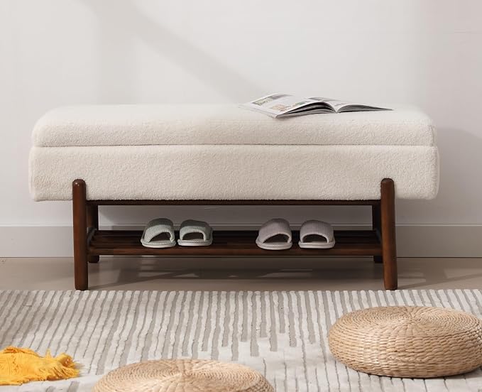 EALSON Modern Storage Ottoman Bench Sherpa Upholstered End of Bench with Seating and Wood Shoe Rack Long Entryway Bench for Bedroom/Living Room/Foyer, White