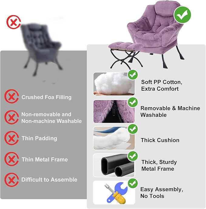 Oversized Chair with Ottoman, Modern Chair with Folding Footrest, Lounge Accent Chair, Comfortable Reading Chair for Bedroom, Study, Living Room, Courtyard (Plush Purple)