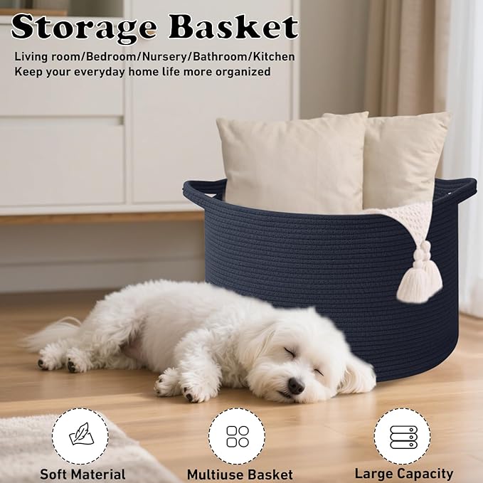 Large Storage Basket with Handle,23.6" x 23.6" x 15.7" Blanket Basket Storage Bins for Organizing,65L Cotton Rope Woven Baskets for Living Room, Nursery,Bedroom,Dark Blue
