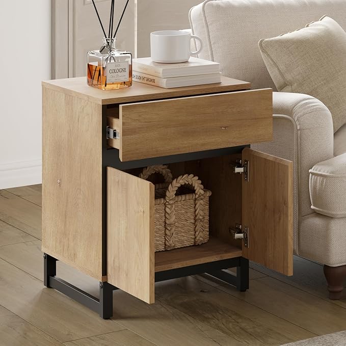 WAMPAT Modern End Table with 1 Drawer & 1 Storage Cabinet, Farmhouse Sofa Table with 2 Open Door, Wood Rustic Side End Table for Living Room, Nighstand for Bedroom, Oak