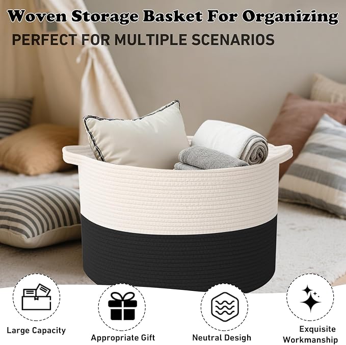 Large Storage Basket with Handle,23.6" x 23.6" x 15.7" Blanket Basket Storage Bins for Organizing,65L Cotton Rope Woven Baskets for Living Room, Nursery,Bedroom,White&Black