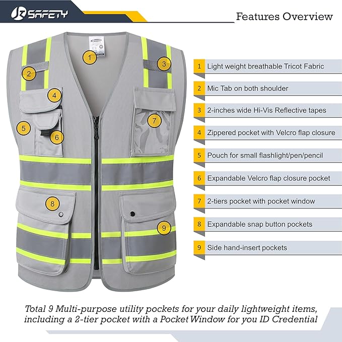 JKSafety 9 Pockets Hi-Vis Fluorescent Color Zipper Front Safety Vest with Neon Color Extended Yellow Trims for Men and Women Work Safety Utility (901-Grey 3XL)