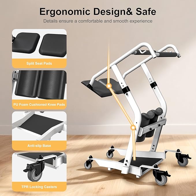 Stand Assist Lift, Sit to Stand Patient Transport Chair for Elderly, Lift Chair for Home Care Use Elderly Mobility Assist Transfer Device 5 Heights Adjustable for Seniors, Adults & Disabled