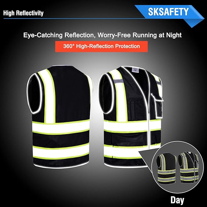 SKSAFETY 10 Pockets Safety Vest, Class 2 High Visibility Security with Zipper, Hi Vis Vest with Reflective Strips, ANSI/ISEA Standard, Construction Work Vest for Men ＆ Women （Black, 4XL）