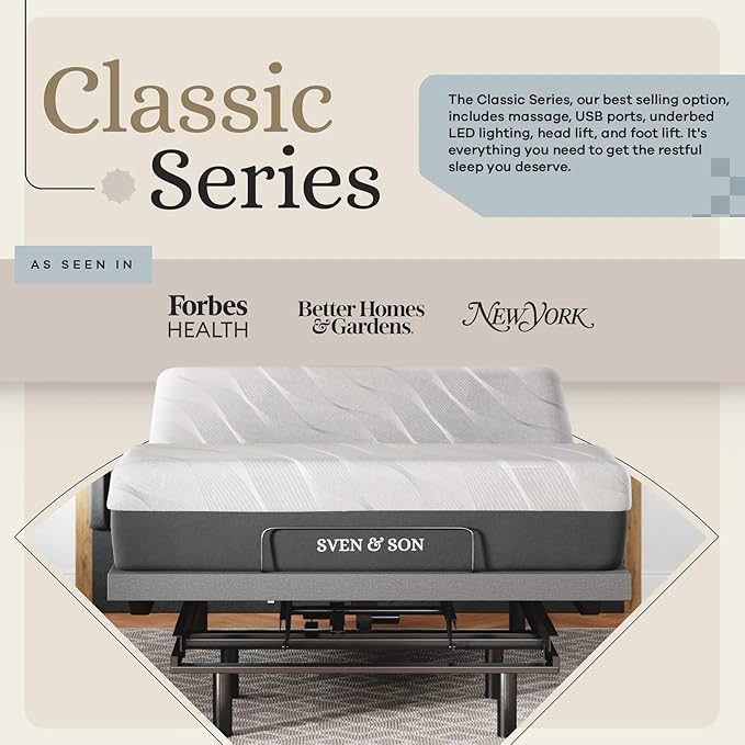 Sven & Son Classic Adjustable Bed Base, Head and Foot Lift, Massage, Under-Bed Lights, USB, Gel Memory, Zero Gravity Smart Frame - Full + 14 inch Hybrid Spring Matt (Medium Soft)
