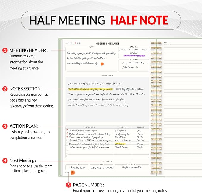 SUNEE Half Meeting Half Note 7"x10" Notebook for Work – 140 Pages, B5 Size Project Planner for Women&Men, Minutes Organizer for Meeting Notes, Ideas for Office/Business, PVC Waterproof Cover, Green