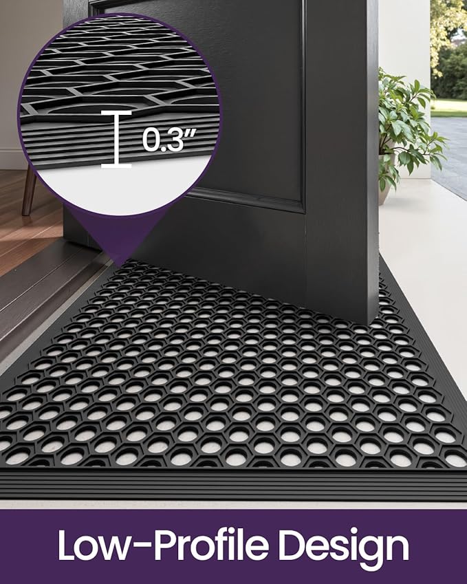 DEXI Front Door Mat 32x48, Non Slip Rubber Doormat Outside Entrance, Heavy Duty Waterproof Drainage Entry Mats, Low Profile Dirt Trapper for Patio Entryway, Black