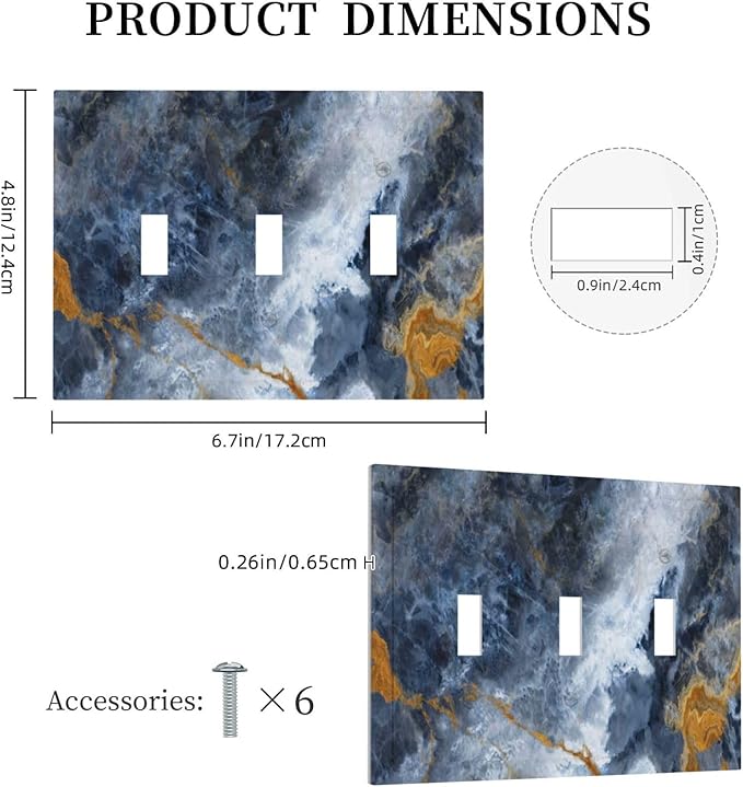 Decorative Switch Plate Covers Gold Dark Blue Gilt Haze Marble 3 Gang Light Switch Cover Plate Triple Toggle Wall Plate Light Switch Covers for Bathroom Decor