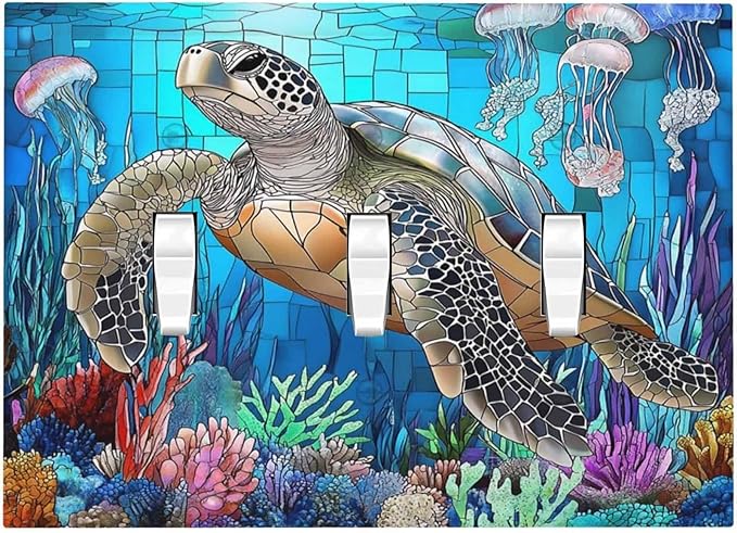 Decorative Switch Plates Nautical Sea Turtle Coral Jellyfish 3 Gang Wall Plate Triple Toggle Light Switch Cover Faceplate Electrical Wall Panels For Kids Room Nursery Decor