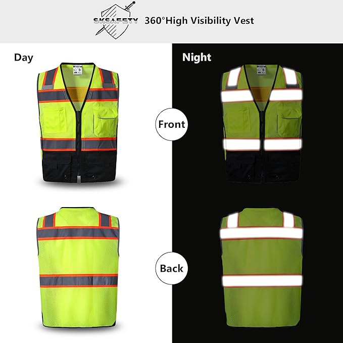SKSAFETY Professional Safety Vest - Class 2 High Visibility with Reflective Strips, ANSI/ISEA Standard (Lime Black, L)