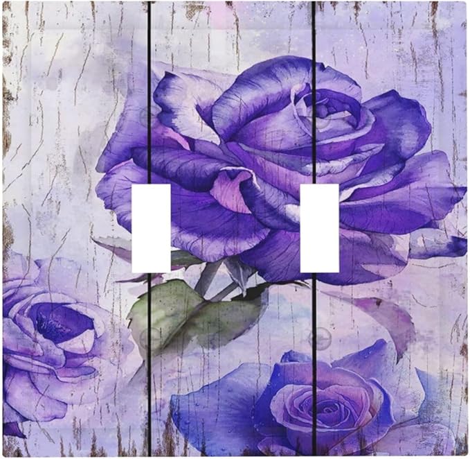 Light Switch Cover Purple Rose Flower Rustic Wood Plank 2 Gang Wall Plate Double Light Switch Plate Toggle Decorative Outlet Covers Electrical Switchplate for Farmhouse Bathroom Decor