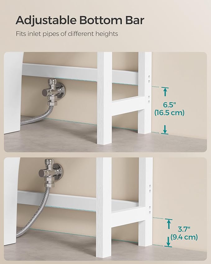 SONGMICS Over The Toilet Storage, 3-Tier Over Toilet Bathroom Organizer with Adjustable Shelf, 10.2 x 24.8 x 66.9 Inches, Space-Saving, Cloud White and Natural Beige UBTS001W02